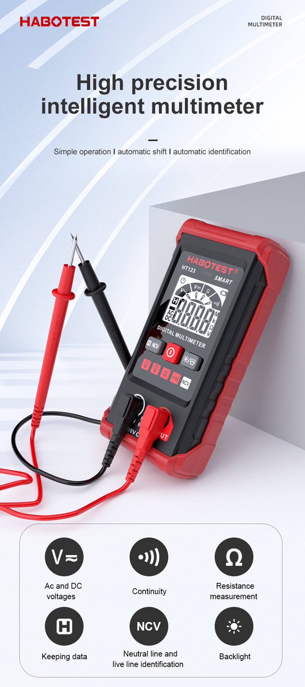 HABOTEST HT123 Smart Digital Multimeter AC/DC Voltage Resistance Continuity Measurement Tester NCV Multimeter Voltmeter