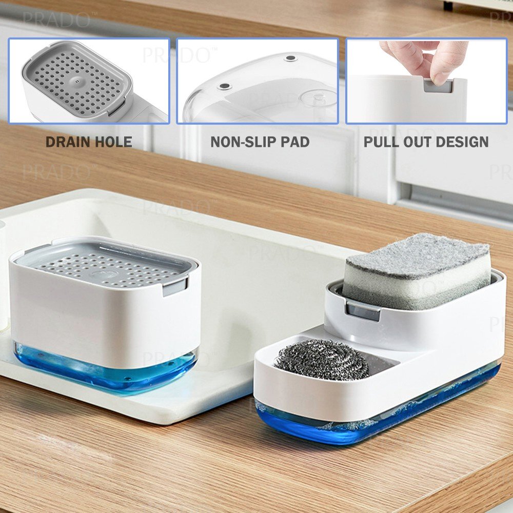 Upgraded 2in1 Dish Soap Dispenser Cleaning Ball Storage Box FREE Sponge Press Type Manual Kitchen Detergent Dispensing