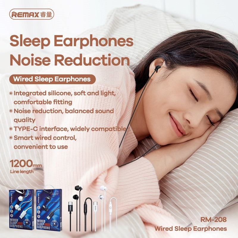 Remax RM-208A Type-C Sleep Wired Earphone USB-C In-Ear Microphone HD Music Call for Mobile Phones