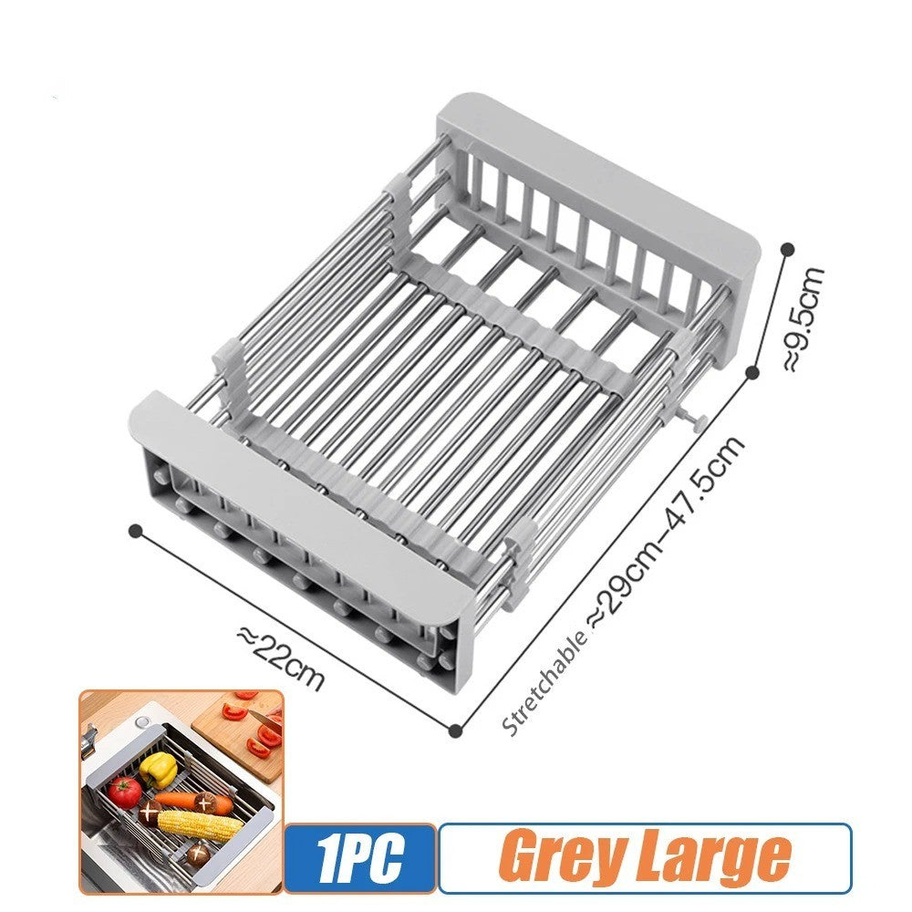 Retractable Stainless Steel Sink Drainer Rack Dish Drying Basket for Kitchen Fruits Vegetables