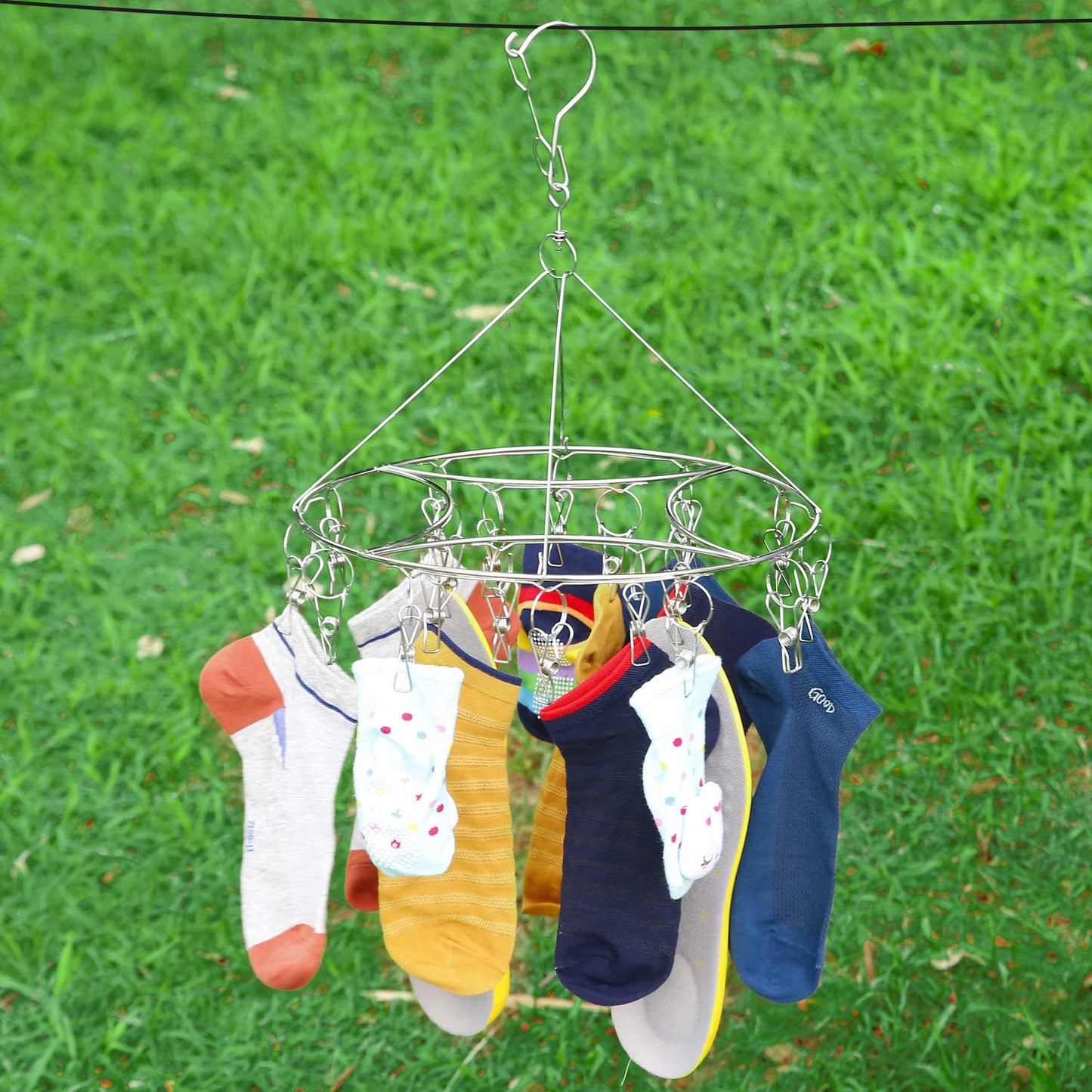 SUS304 Round Stainless Steel Hanger 20 Clips Peg Windproof Rust-Proof Laundry Sock Drying Rack Hanging Organiser Balcony