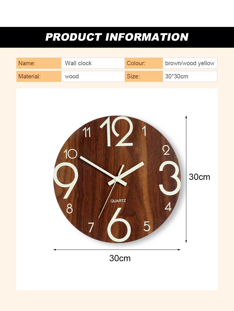 12 Inch Luminous Minimalist Designer Wooden Quartz Wall Clock Dark Glowing Silent Non-Ticking