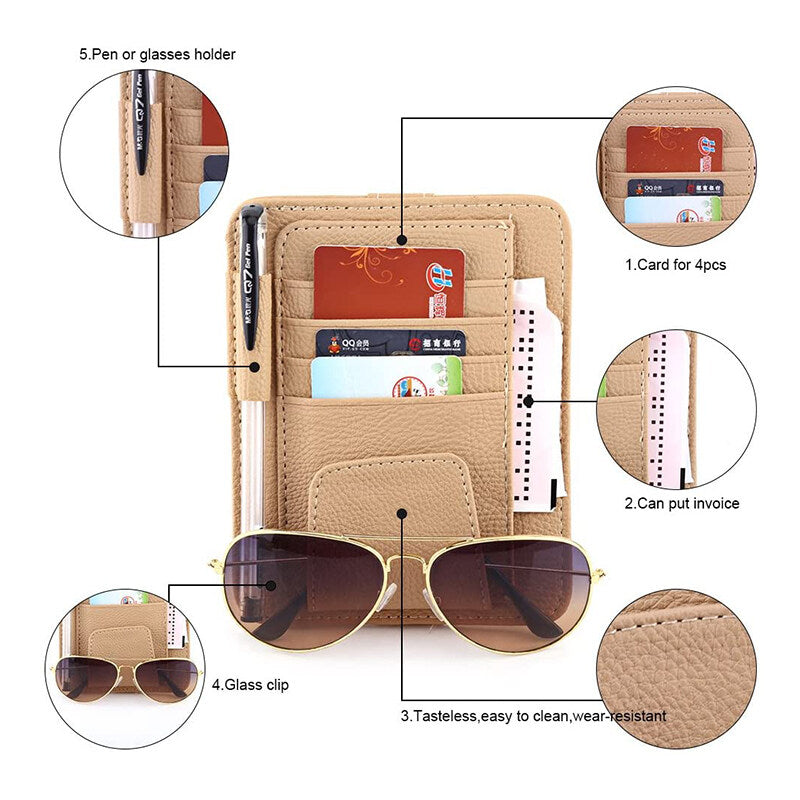 Car Sun Visor Organizer PU Leather Card Glasses Pen Holder Auto Sunvisor Interior Storage Pocket