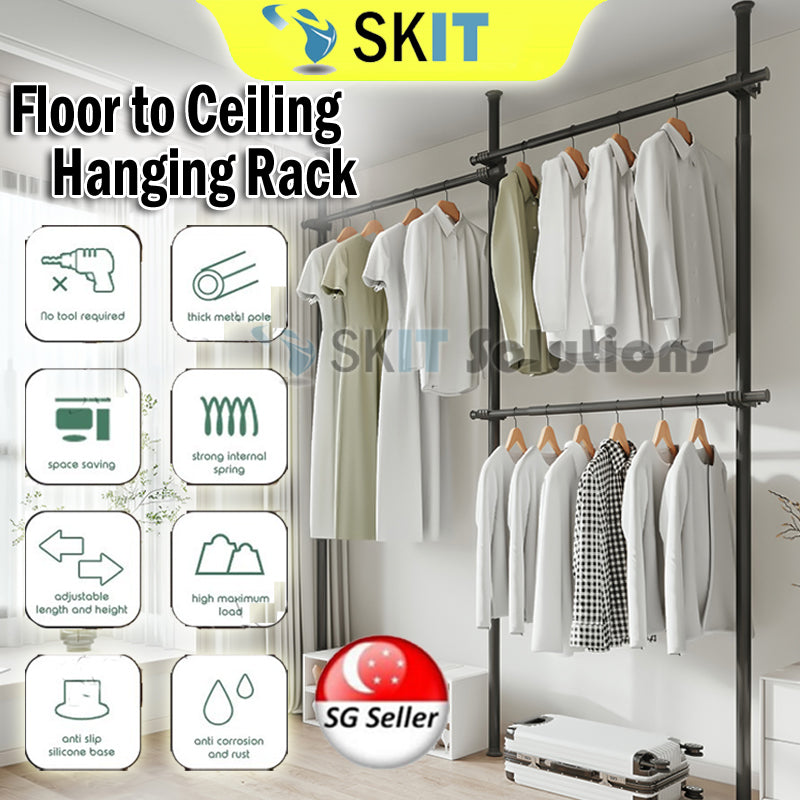 Standing Clothes Rack Adjustable Floor to Ceiling Space-Saving Hanging Pole Heavy-Duty DIY Wardrobe