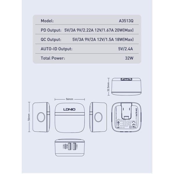 LDNIO 3-Port 32W Fast USB Wall Charger QC3.0 & PD A3513Q 1 USB-C & 2 USB-A with FREE USB Type-C Cable