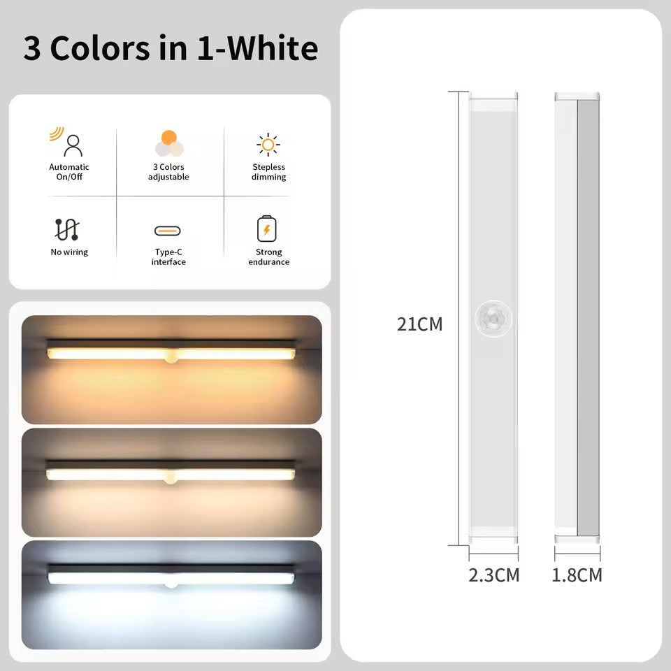 Tricolor LED Wireless Motion Sensor Light Stick Type C Rechargeable Strip Cabinet Kitchen Night Lamp