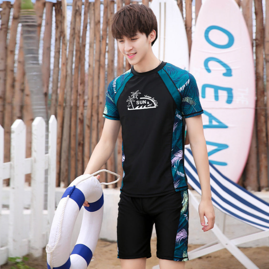 Korean Style Couple Swimsuit Men Women 2pcs Set Short Sleeve Swimwear Swimming Suit Wear Top+Pants
