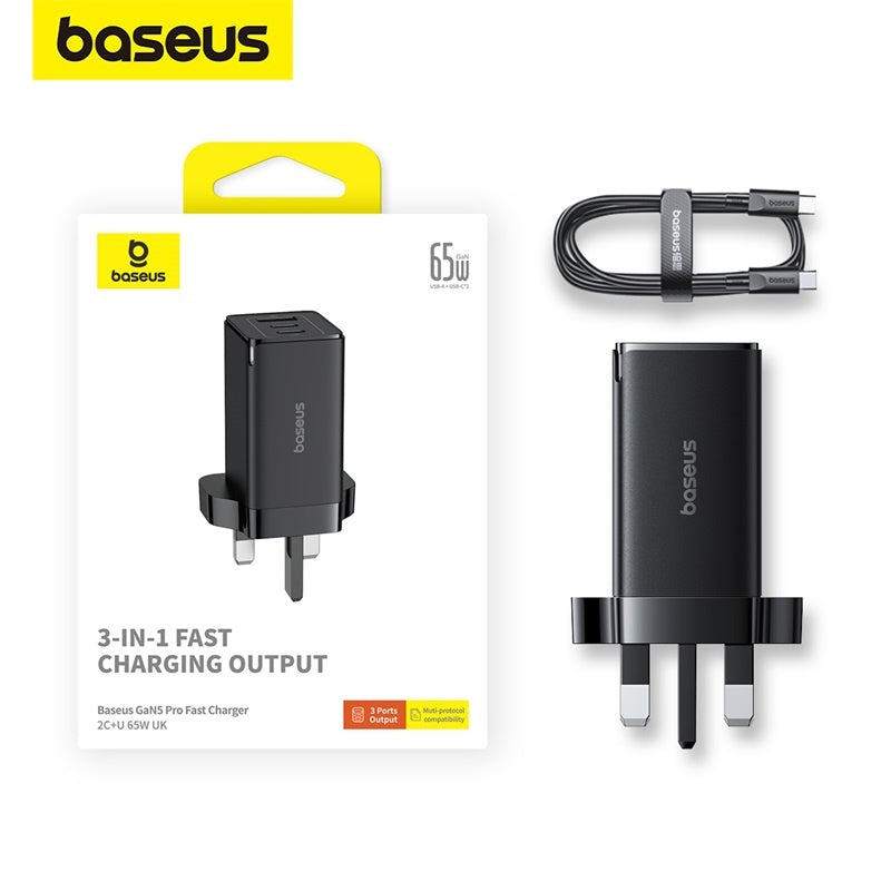 Baseus GaN5 Pro 65W Fast Charger PD3.0 QC4.0 USB C Quick UK Plug Adapter Safety Mark Free 1M Type-C Cable
