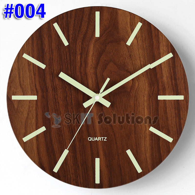 12 Inch Luminous Minimalist Designer Wooden Quartz Wall Clock Dark Glowing Silent Non-Ticking