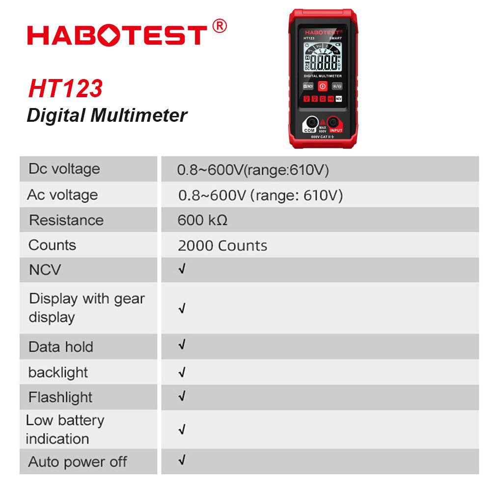 HABOTEST HT123 Smart Digital Multimeter AC/DC Voltage Resistance Continuity Measurement Tester NCV Multimeter Voltmeter