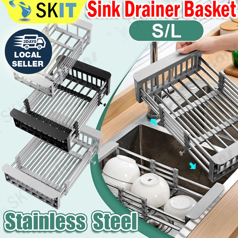 Retractable Stainless Steel Sink Drainer Rack Dish Drying Basket for Kitchen Fruits Vegetables