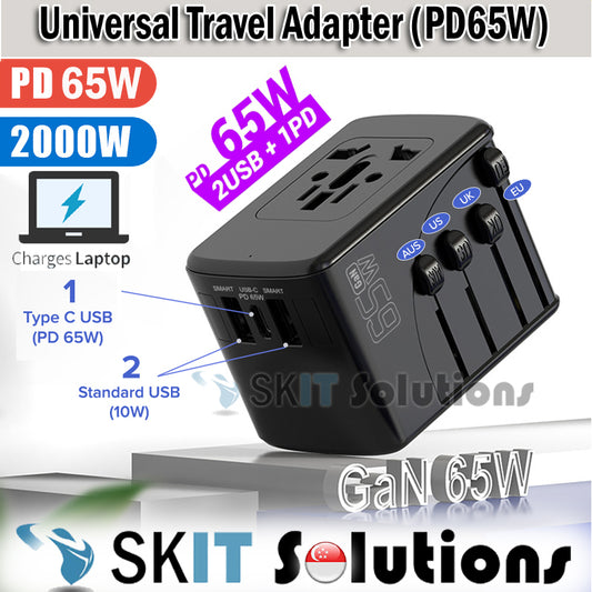 65W PD Global Universal Travel Adapter Power Wall GaN Charger 2 USB 1 Type-C Port International Plug 2.1A Fast Charge