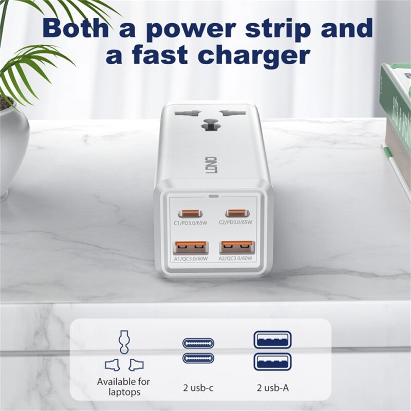 LDNIO SC1418 65W Extension Cable with UK 3-Pin Plug Fast Charging Dual PD+Dual QC3.0 Fast Charging Port Power