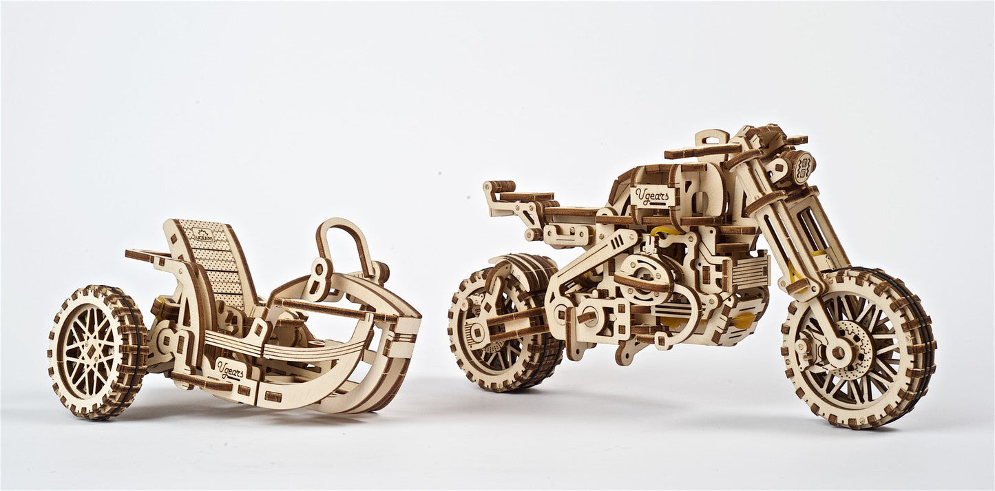 Ugears Scrambler Ugr-10 Motor Bike With Sidecar ★Mechanical 3D Puzzle Kit Model Toys Gift Present Birthday Xmas Christmas Kids Adults