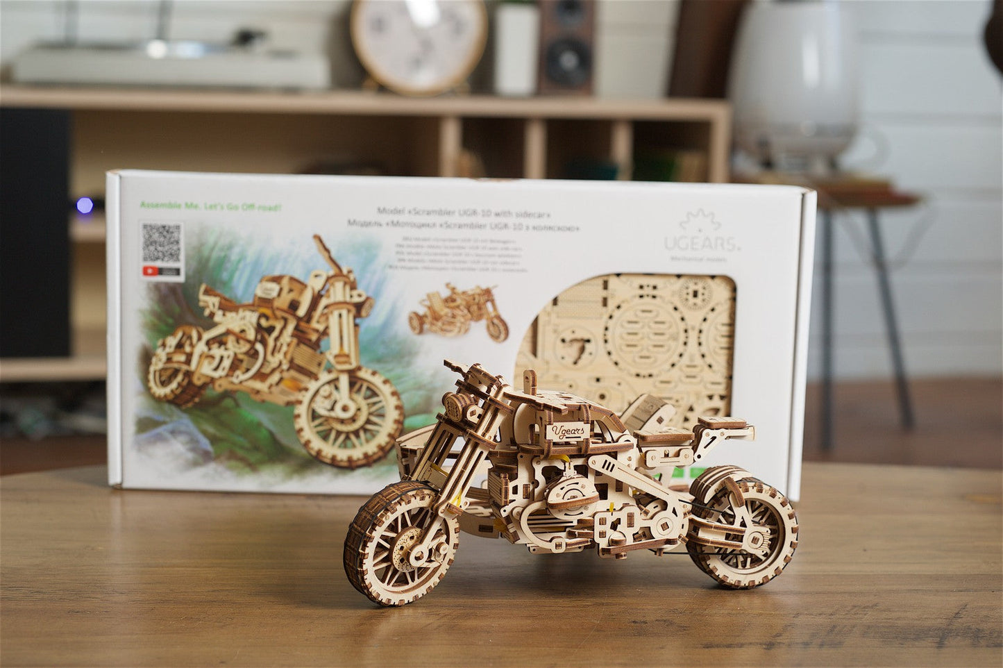 Ugears Scrambler Ugr-10 Motor Bike With Sidecar ★Mechanical 3D Puzzle Kit Model Toys Gift Present Birthday Xmas Christmas Kids Adults