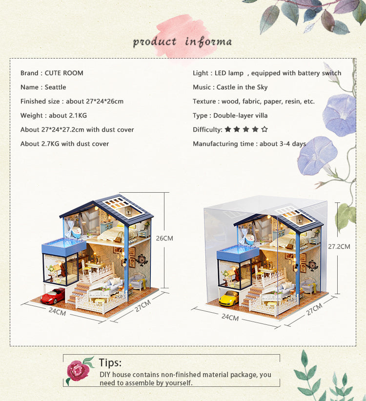CuteRoom Seattle★Miniature Doll House Dollhouse★DIY Gift Wooden Handmade 3D