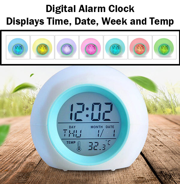 Digital Alarm Clock Colour Changing Glowing LED Time Date Temperature Day Week