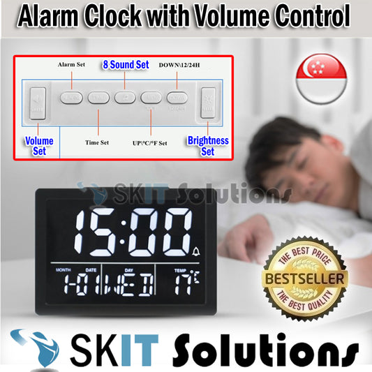 Digital LCD Alarm Clock with Volume Control Brightness Adjustment Time Calendar Temperature LED Display Battery Type-C USB Cable
