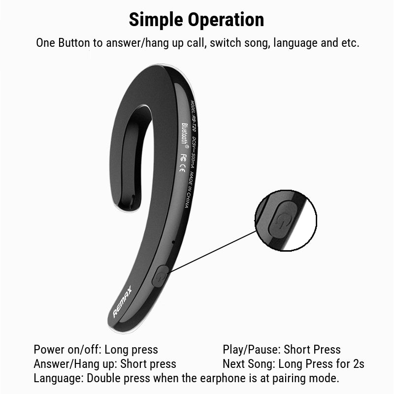 Remax RB-T20 Ultra Thin Bluetooth Headset Wireless Compatible iPhone Android iOS