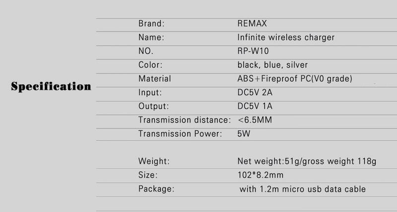 Remax RP-W10 Infinite Wireless Charging Charger Anti-Drop Durable Portable Light