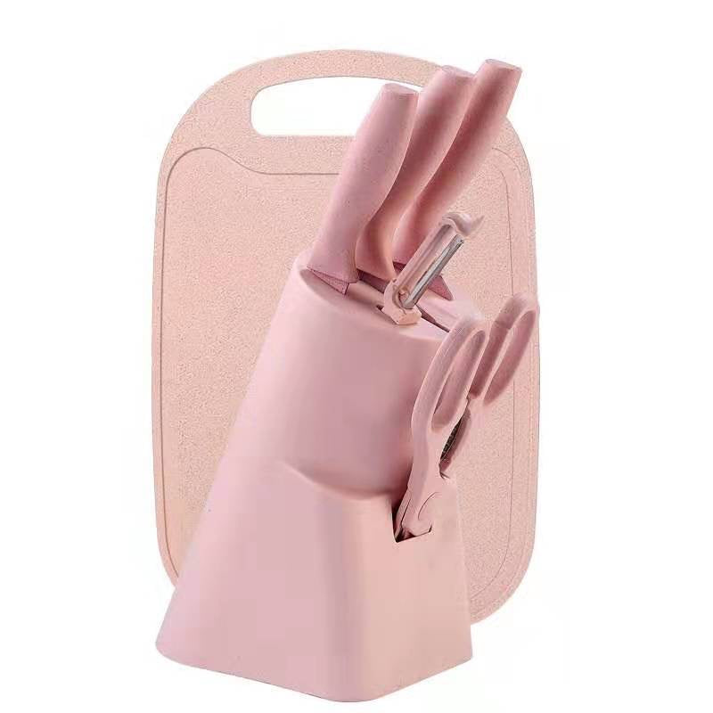 7pcs Wheat Knife Set With Cutting Board Non-Stick Stainless Steel Kitchen Cooking Knives Scissor