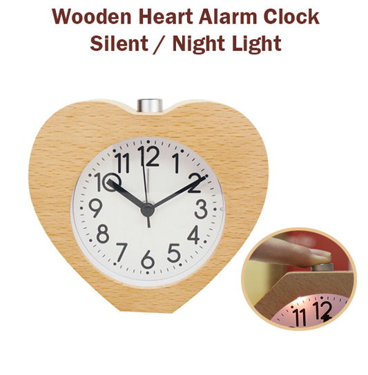 Wooden Heart Alarm Clock Silent Night Light No Ticking Backlight Snooze Clocks