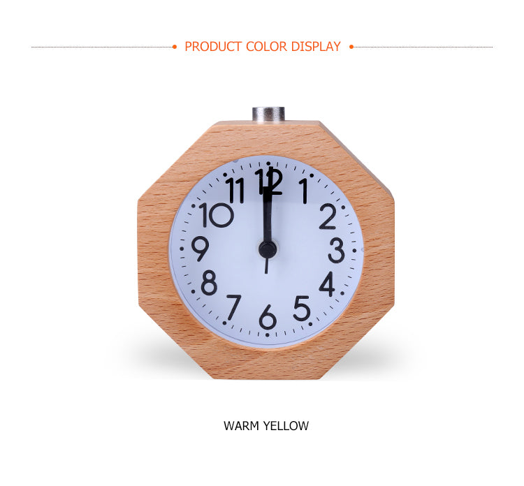 Wooden Octagon Alarm Clock Silent Night Light No Ticking Backlight Snooze Clocks