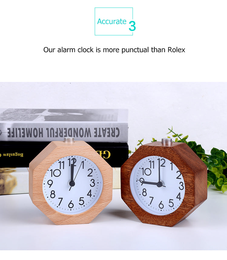Wooden Octagon Alarm Clock Silent Night Light No Ticking Backlight Snooze Clocks