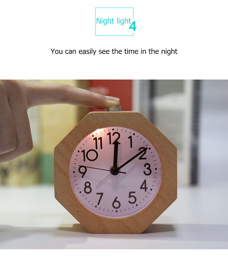 Wooden Octagon Alarm Clock Silent Night Light No Ticking Backlight Snooze Clocks