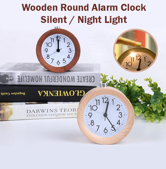 Wooden Round Alarm Clock Silent Night Light No Ticking Backlight Snooze Circular