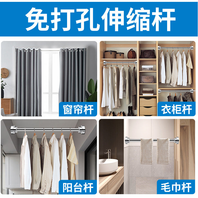 【SG Seller】Premium Black Window Curtain Shower Rod Pole, NO DRILL HOLE, Practical Stainless Steel Round Head Extendable Telescopic Curtain Rod Multifunctional Tension Rod for Bathroom, Balcony, Kitchen, Laundry, Living bedroom, Cupboard, Diameter 2.2cm,