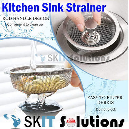 Kitchen Sink Strainer Mesh Metal Rotatable Handle & Rubber Stopper, Stainless Steel Sink Drain Water Filter Plug Basket