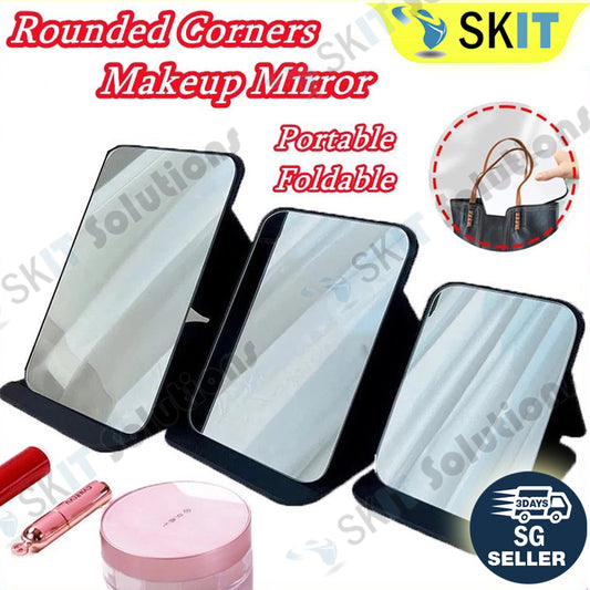 Foldable PU Leather Makeup Mirror Desktop Portable Pocket Cosmetic Travel Vanity Rounded Corner