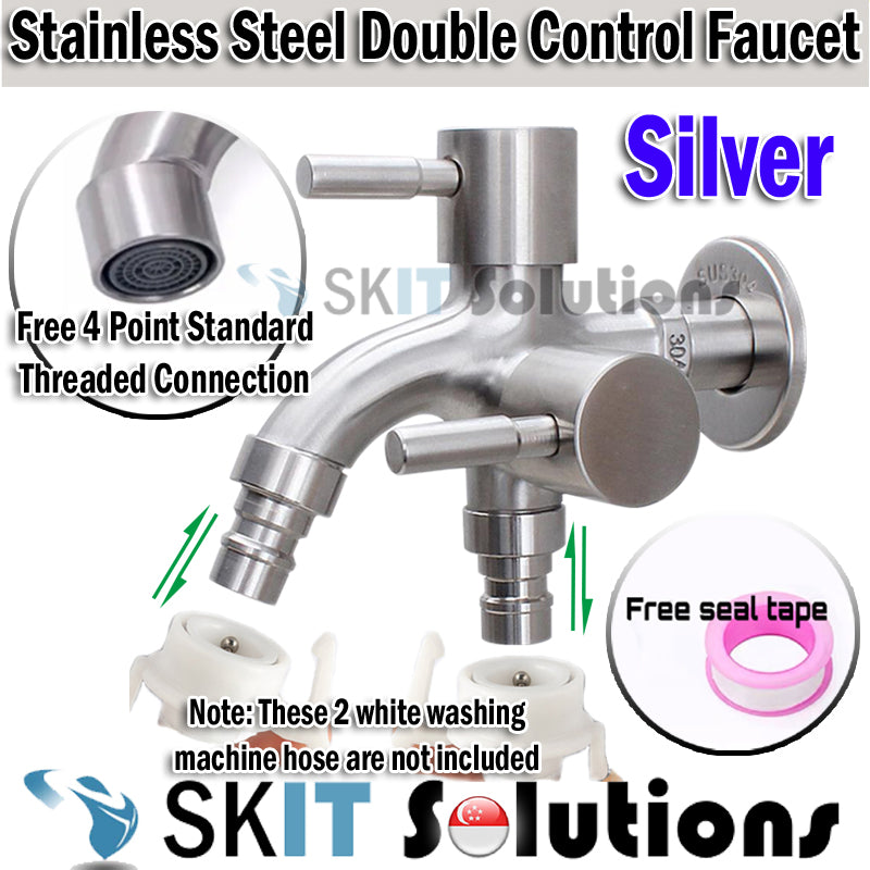 Stainless Steel 304 Washing Machine Double Control Dual 2 Way Faucet Tap Splitter Free Tape & 4-Point Threaded Adapter