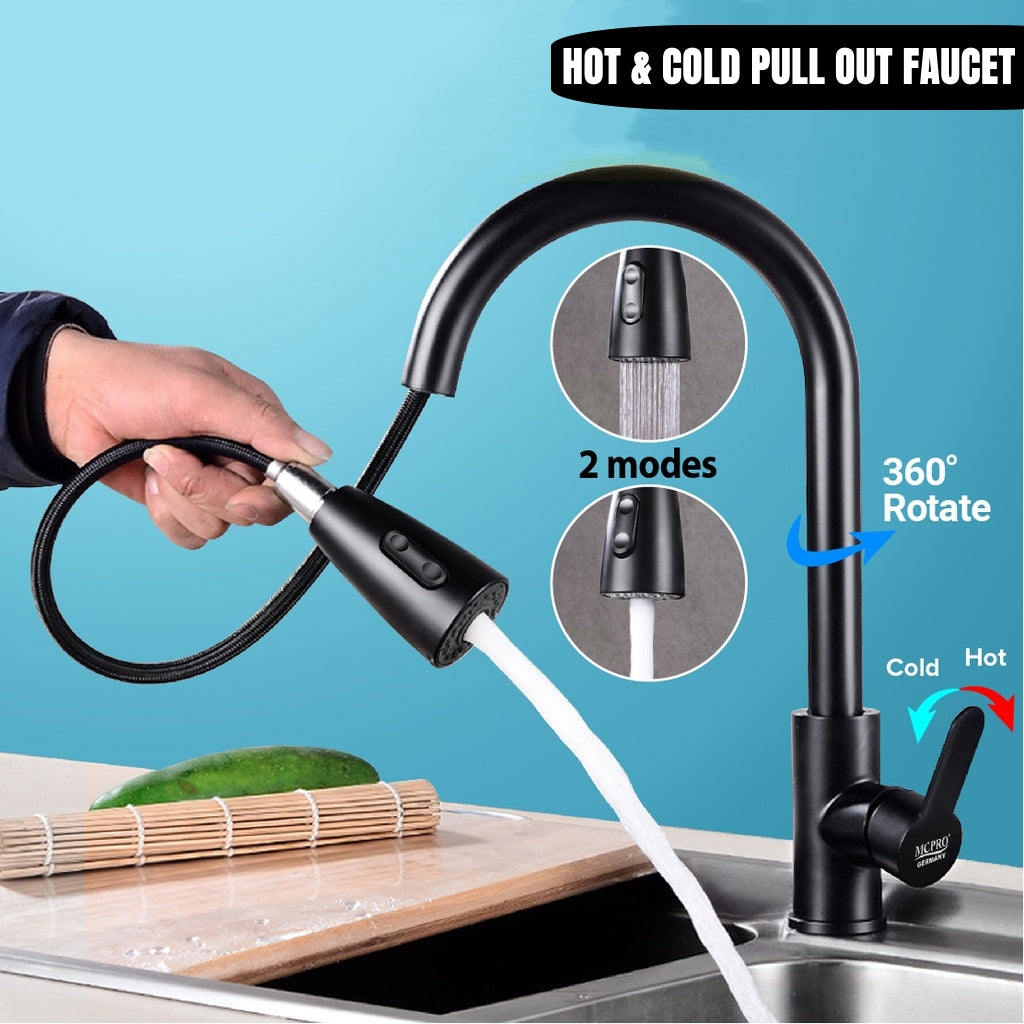 Kitchen SUS304 Tap Copper Dual Mode Pull-out Stretchable Sink Basin Faucet Hot and Cold Water Faucet