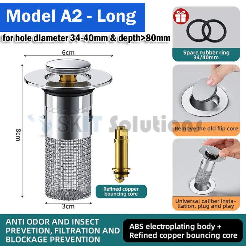 Stainless Steel Washbasin Plug Drain Filter Strainer Anti Odor Pop Up Core Stopper Hair Catcher Sink