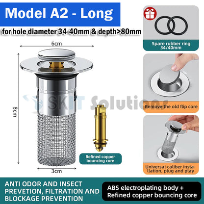 Stainless Steel Washbasin Plug Drain Filter Strainer Anti Odor Pop Up Core Stopper Hair Catcher Sink