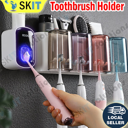 Ecoco Wall Mount Toothbrush Holder With Cups Storage Box Automatic Toothpaste Dispenser Squeezer