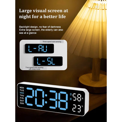 Smart LED Digital Wall Desk Clock Large Display Alarm Temperature Humidity 12 24H Auto Dimmer Timer