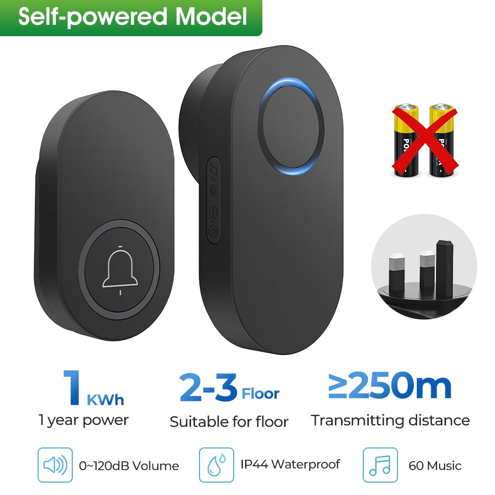 Self Powered / Button Battery Wireless Doorbell Door Bell Waterproof 3 Pin Plug 60 Chimes 350M 120dB