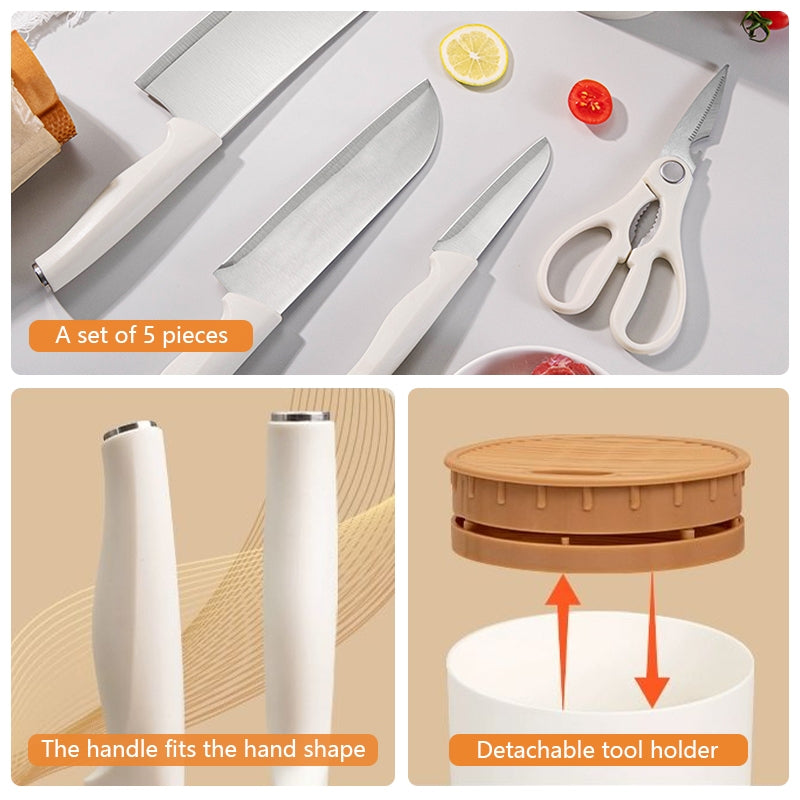 5in1 Kitchen Knife Set Stainless Steel Chef Utility Santoku Paring Knife Scissors with Detachable Holder