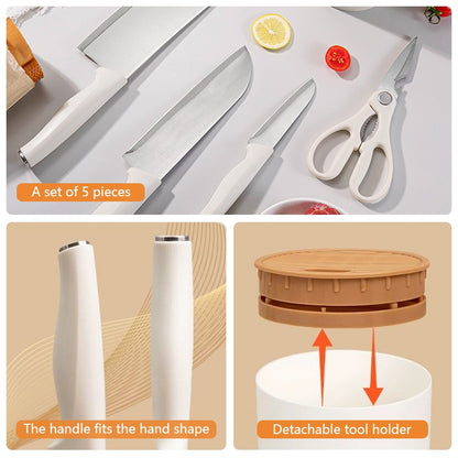 5in1 Kitchen Knife Set Stainless Steel Chef Utility Santoku Paring Knife Scissors with Detachable Holder