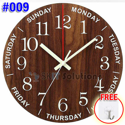 12 Inch Luminous Minimalist Designer Wooden Quartz Wall Clock Dark Glowing Silent Non-Ticking Home