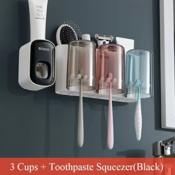 Ecoco Wall Mount Toothbrush Holder With Cups Storage Box Automatic Toothpaste Dispenser Squeezer