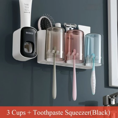 Ecoco Wall Mount Toothbrush Holder With Cups Storage Box Automatic Toothpaste Dispenser Squeezer