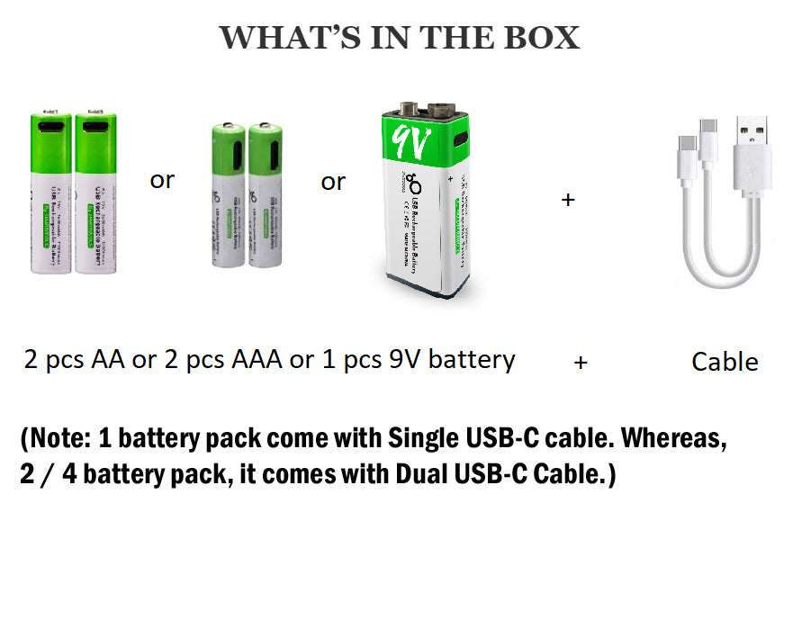 Type-C USB Rechargeable Battery 1.5V AA AAA 9V Lithium High Capacity Fast Charge RC Toy Remote Control