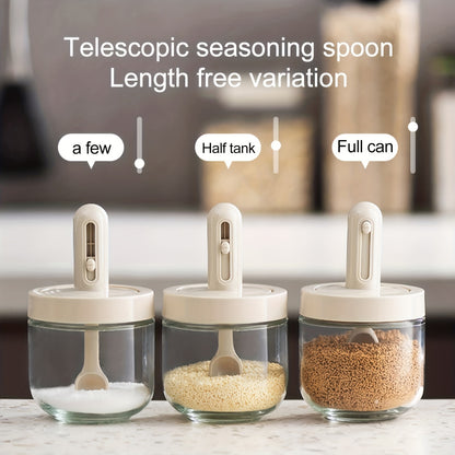 Kitchen Condiment Container Glass Spice Seasoning Jars Salt Sugar Pepper Chilli w/ Retractable Spoon