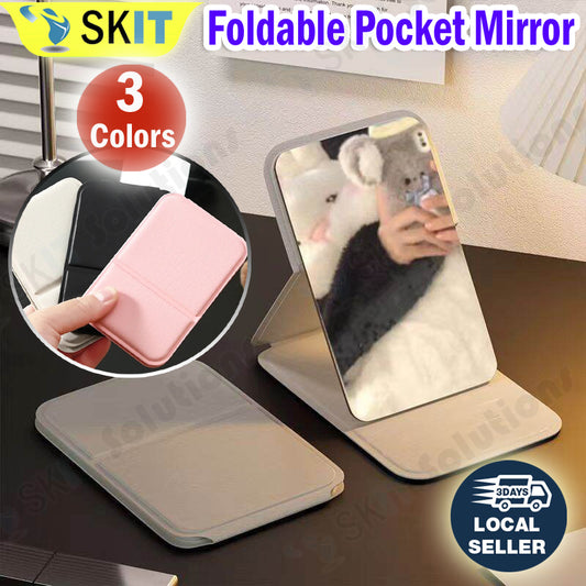 Foldable Pocket Desktop Mini Makeup Mirror PU Leather Portable Handheld Student Compact Light Weight