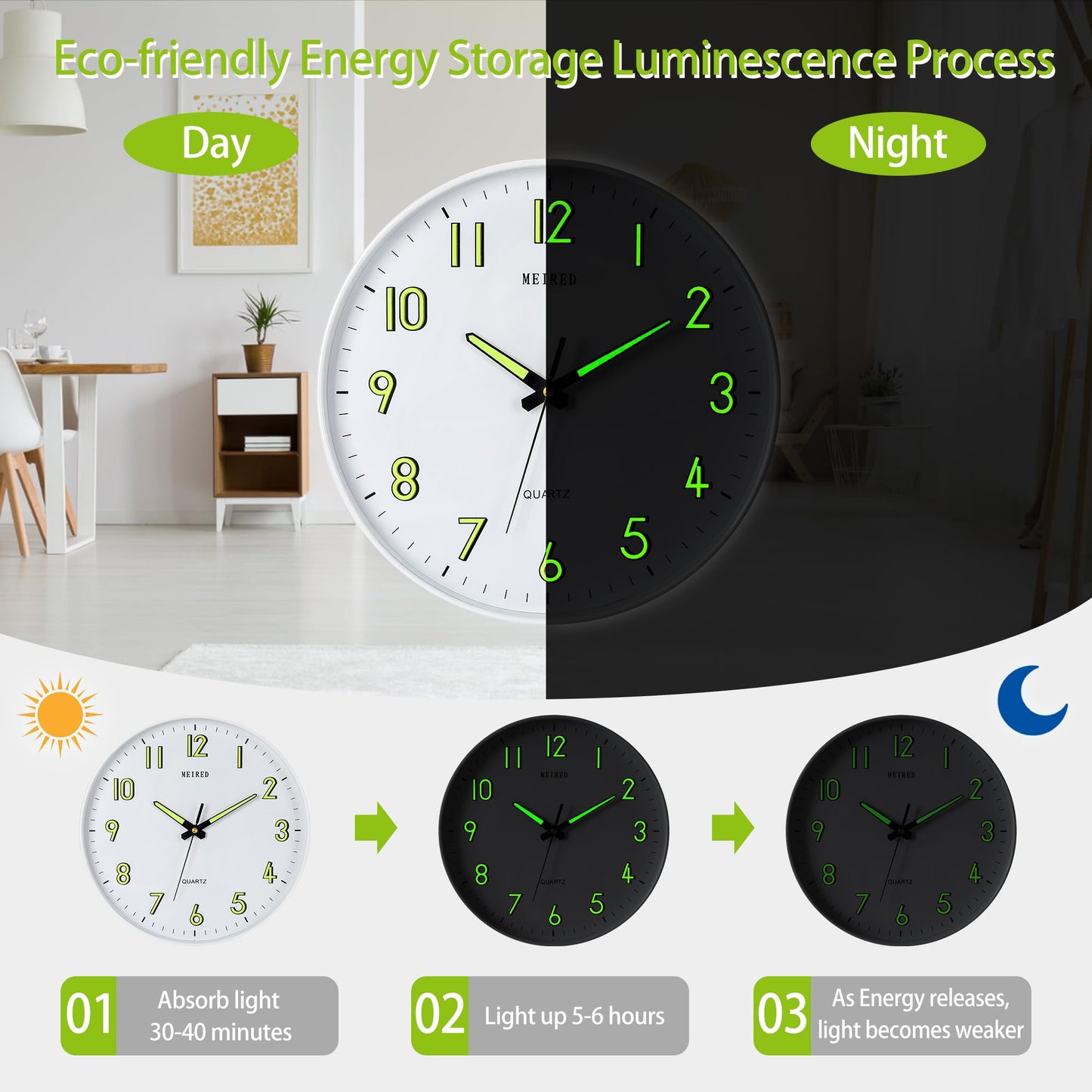 8/12 Inch Luminous Minimalist Designer Wooden Quartz Wall Clock Dark Glowing Silent Non-Ticking Home