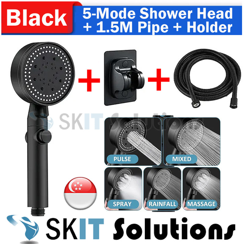 5 Mode High Pressure Shower Head Water Saving Black Adjustable Shower One-Key Stop Water Massage Eco